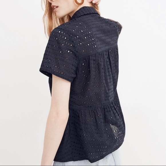 Madewell Eyelet Seam Button Down Navy Shirt Sz XS - Picture 2 of 8